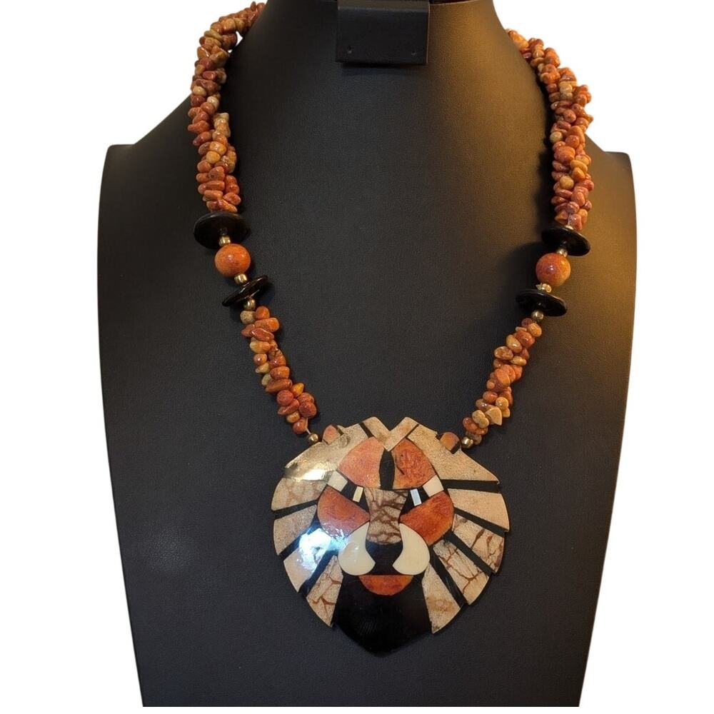 Rare Vintage 1970s Lee Sands Apple Coral Inlay Handcrafted Lion Pendant Necklace